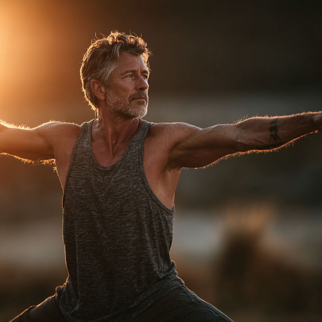 A mature man around 50 years old with a serene expression practicing yoga warrior pose outdoors in a peaceful park setting during golden hour, wearing comfortable athletic wear, demonstrating strength and balance with focus and determination