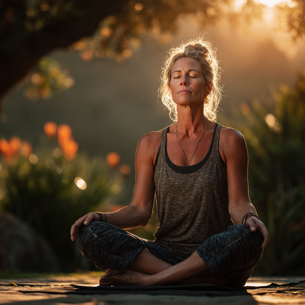 A peaceful middle-aged woman around 45 years old practicing yoga meditation pose on a mat, sitting cross-legged with eyes closed in a serene natural outdoor setting with soft morning light, wearing comfortable yoga attire, expressing tranquility and mindfulness